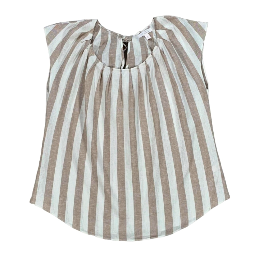 5/$50 EUC Lauren Conrad Pleated Scoope & Tie Neck Top Tan/ White Stripe Sz.M